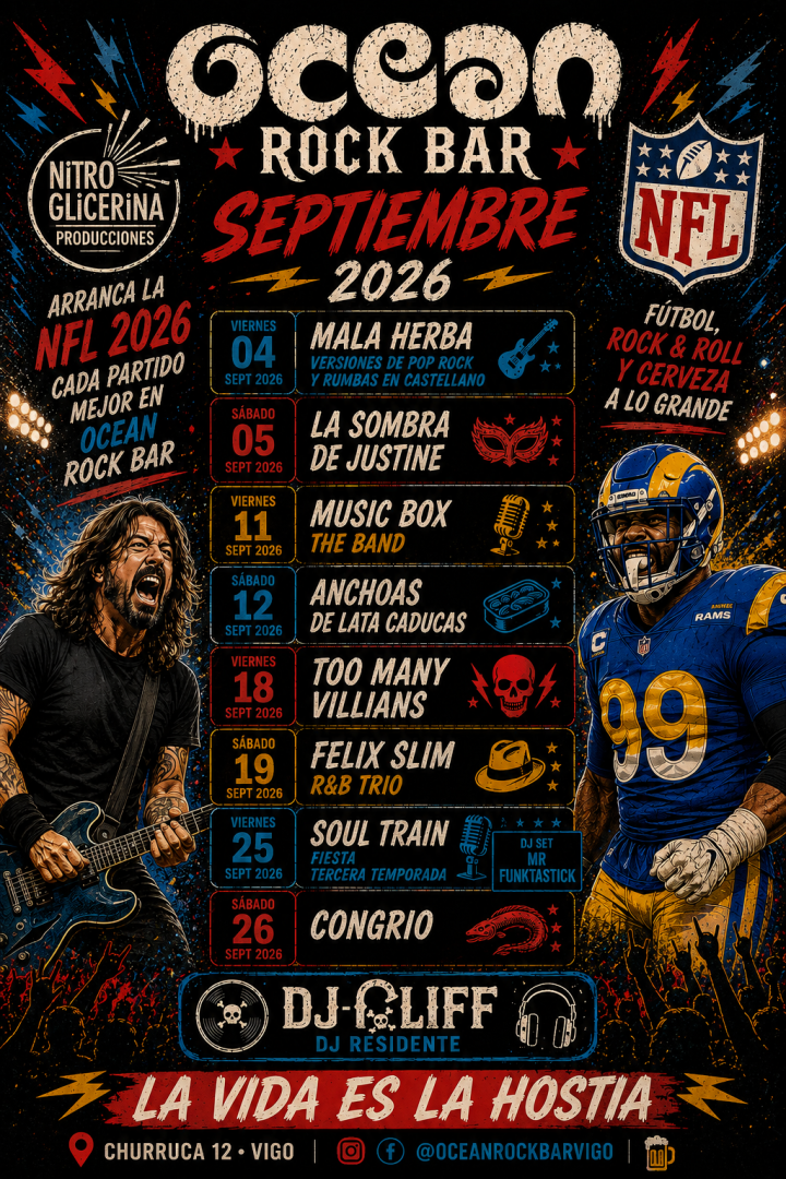 Ocean Rock Bar Vigo encara septiembre con una nueva programación de conciertos en Churruca 12, combinando ocho citas de música en directo con sesiones de DJ y el inicio de una nueva temporada de la NFL.